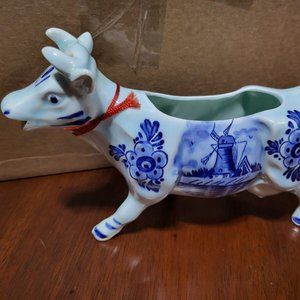 Vintage Porcelain Ceramic Blue Delft Holland Cow Creamer DBL Crown Logo w Bell